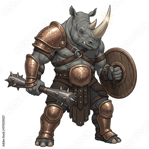 Vector illustration of anthropomorphic rhinoceros gladiator with spiked club and shield