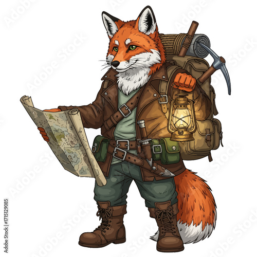 Vector illustration of anthropomorphic fox adventurer with map, lantern, and backpack