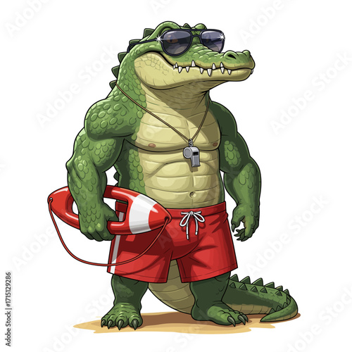 Vector illustration of anthropomorphic crocodile lifeguard with rescue float and sunglasses