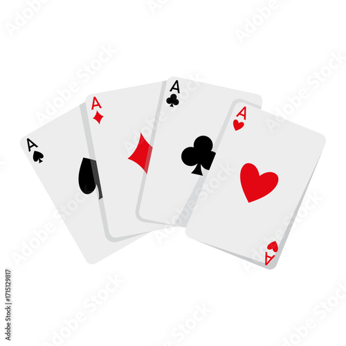 Four aces of spades, diamonds, clubs, and hearts shown in flat style on white background, concept of gambling, luck, and card games. Vector illustration