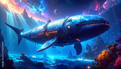 Wallpaper Mural Futuristic Mechanical Whale Submarine in Vibrant Underwater Fantasy Seascape Torontodigital.ca