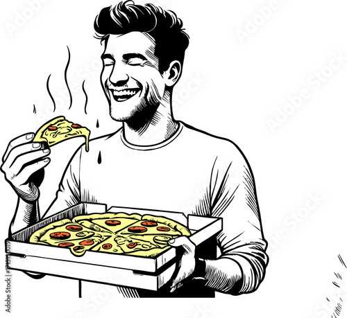 Hand drawn style flat vector design illustration of a happy man with pizza box enjoying food