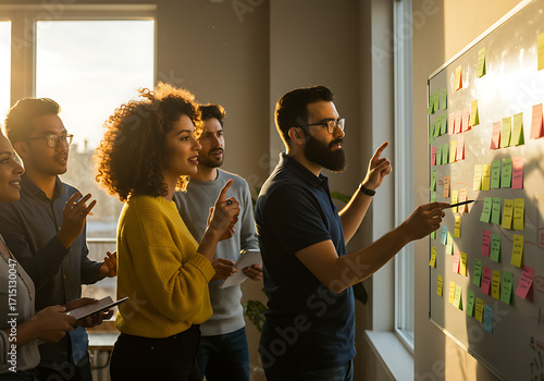 Diverse Team Brainstorming Ideas on Whiteboard in Bright Office