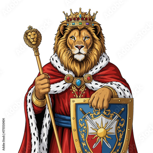 Vector illustration of anthropomorphic lion king with crown, robe, scepter, and shield