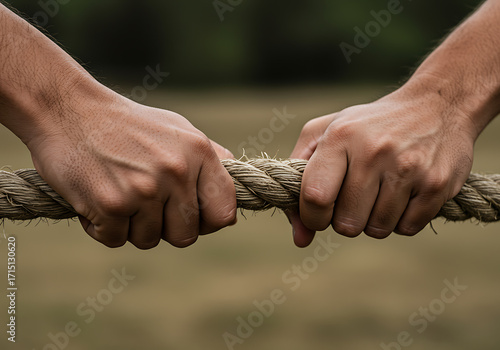 Tension and Strength Hands Gripping a Thick Rope in Nature