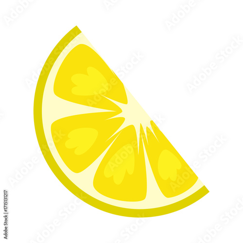 Bright yellow cartoon lemon slice with heart-shaped pulp sections, flat graphic style on white background. Concept of freshness and citrus. Vector illustration