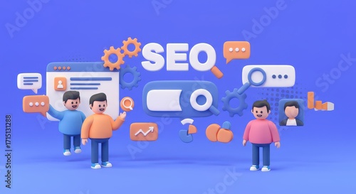 SEO Teamwork and Digital Marketing: A dynamic illustration showcasing a dedicated SEO team collaboratively strategizing amidst digital elements.