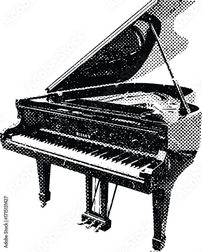 Grand piano with open lid showcasing keys and strings. grunge halftone style