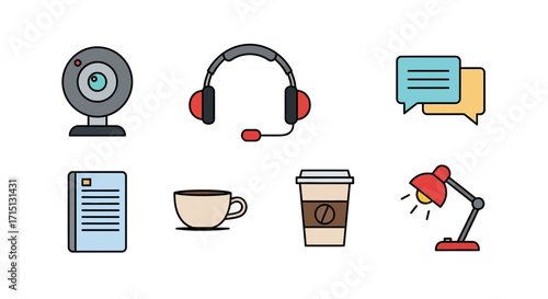 Office Equipment Illustration Webcam, Headset, Coffee, Lamp and Chat Bubbles