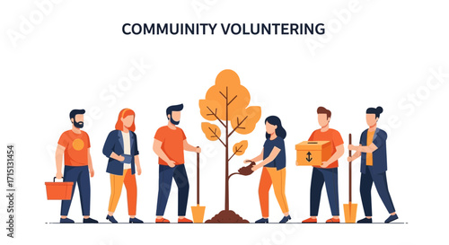 Community Volunteering Planting a Tree and Helping Others to Make a Difference