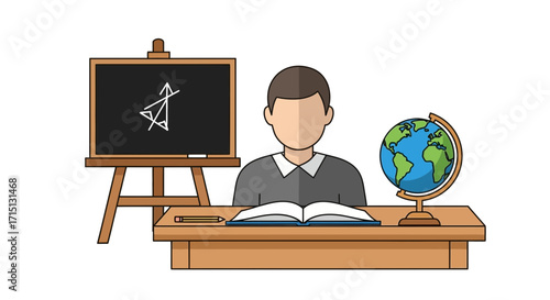 Dedicated male teacher at his desk with an open book, a world globe, and a blackboard, symbolizing education, knowledge, and academic professionalism in a clear vector illustration