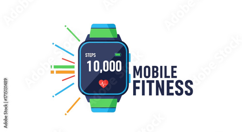Vibrant illustration of a modern smartwatch displaying 10,000 steps, symbolizing personal fitness tracking and digital health monitoring for an active and healthy lifestyle