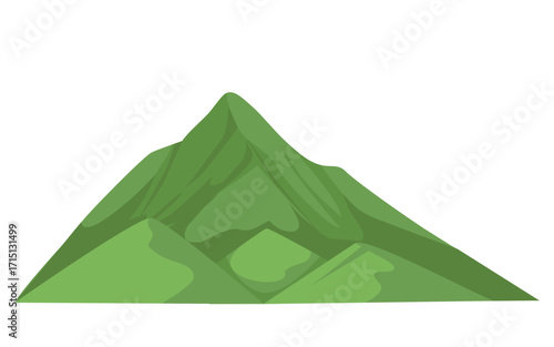 Stylized green mountain with layered slopes, flat graphic style, isolated on white background. Concept of nature, travel, and landscape. Vector illustration