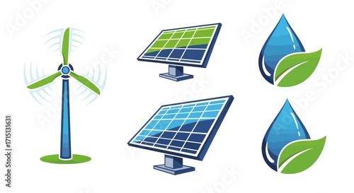Collection of vector icons representing sustainable energy and environmental protection. Features wind turbine, solar panels, and clean water drops, symbolizing eco-friendly power for a greener future
