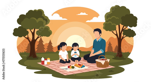 A loving father enjoying a beautiful sunset picnic with his two young daughters in a scenic park illustration