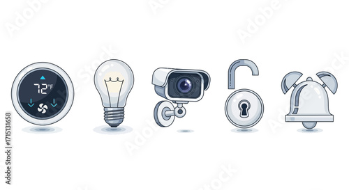 Collection of modern smart home automation system icons for controlling temperature, lighting, security surveillance, and alerts