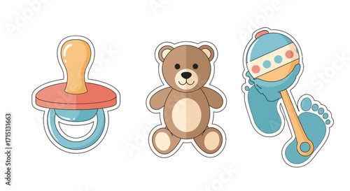 Set of cute cartoon baby care icons with a pacifier, teddy bear, and rattle for a newborn announcement or shower invitation