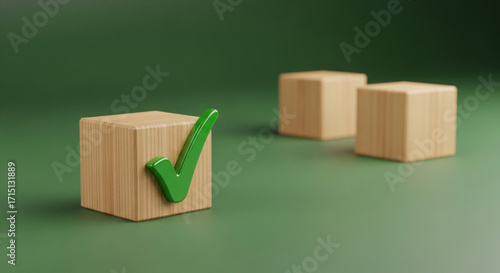 Green Check Mark on Wooden Block, Verified Choice Concept