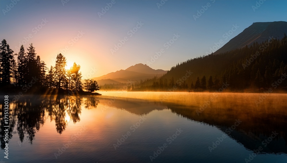 Fototapeta premium Golden Sunrise Over A Misty Mountain Lake Reflecting Peaks And Silhouetted Trees On A Calm Water Surface