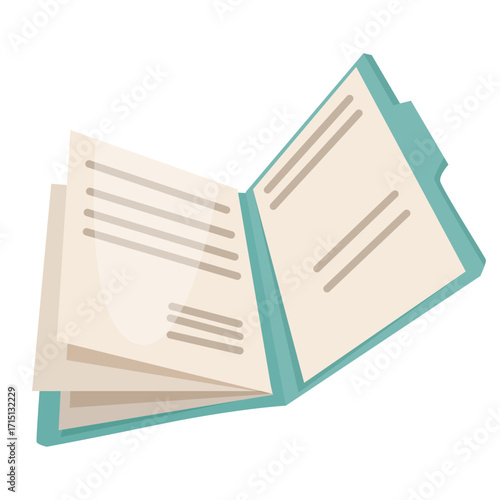 Open book with visible text lines and teal cover, flat cartoon style on white background. Concept of reading, education, and learning. Vector illustration
