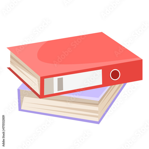 Two thick office folders in red and purple colors stacked together, flat graphic style, isolated on white background. Concept of organization. Vector illustration