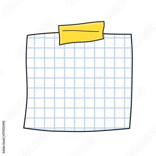 Blank squared paper note reminder tacked with yellow adhesive tape illustration isolated vector