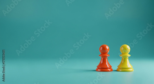 Two Colorful Chess Pawns on Teal Background, Minimal Copy