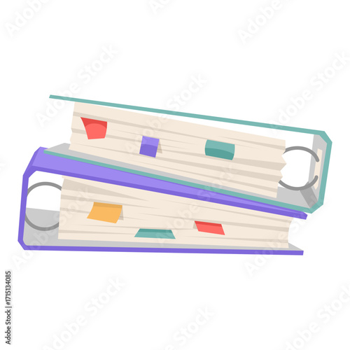 Two ring binders filled with documents and colorful index tabs, flat graphic style on white background. Concept of office or school organization. Vector illustration