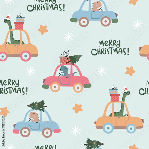 Winter Christmas dinosaurs in the road seamless pattern. Adorable Dinos on a blue background. Holiday illustration.	