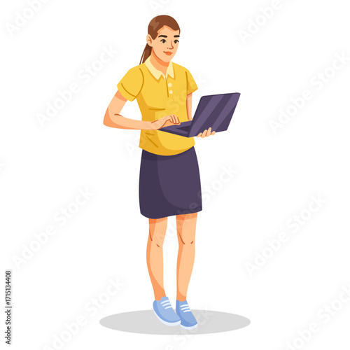 Woman using laptop while standing, cartoon style, isolated white background. Concept of technology, remote work, freelancer. Vector illustration