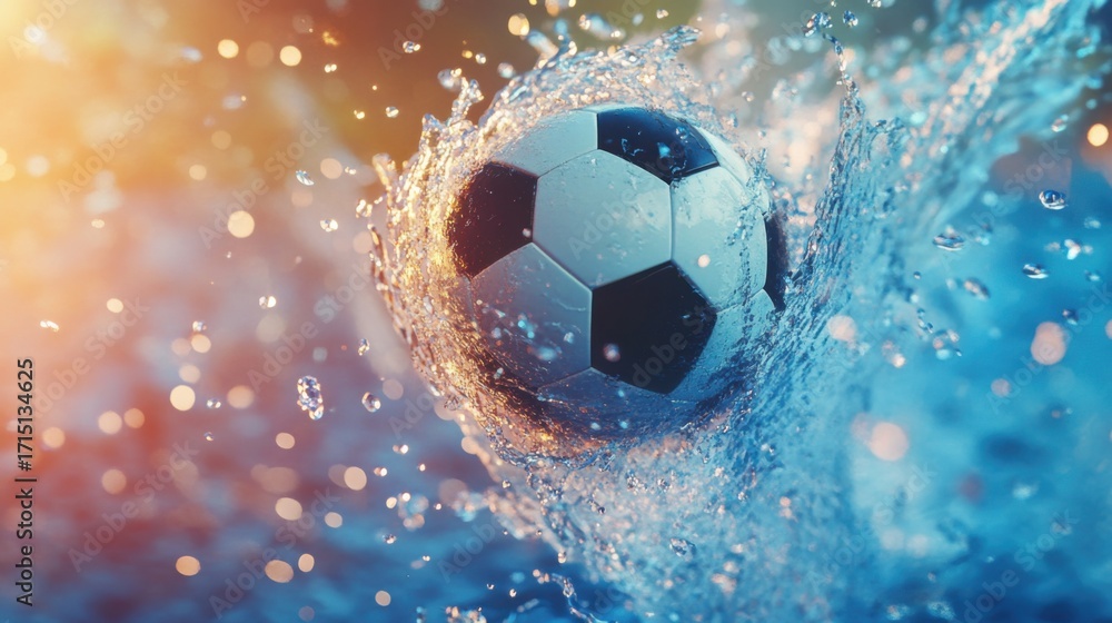 Naklejka premium Dynamic motion of soccer ball with water splash in an energetic visual