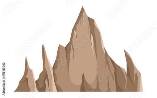Steep brown mountain range with jagged peaks in flat graphic style on white background. Concept of nature and geology. Vector illustration