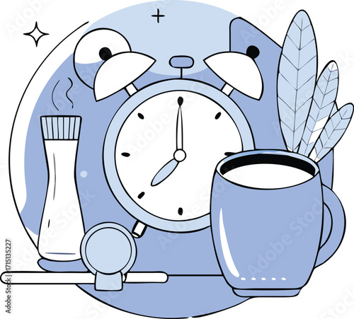 Flat Isometric Morning Routine with Alarm Clock, Toothbrush, and Coffee Vector Illustration