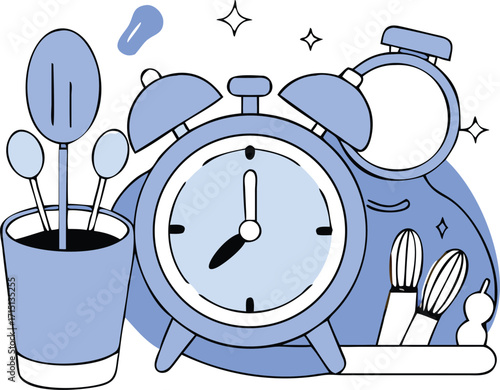 Flat Isometric Morning Routine with Alarm Clock, Toothbrush, and Coffee Vector Illustration