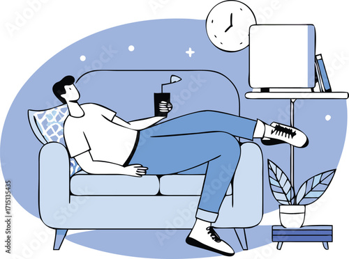 Flat Isometric Person Relaxing on Sofa with TV Remote Vector Illustration