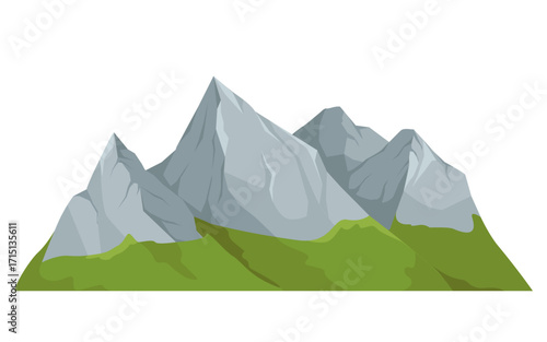 Rocky mountain range with green foothills, flat graphic style, isolated on white background. Concept of nature, landscape, exploration. Vector illustration