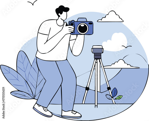 Flat Isometric Photographer Taking Pictures with Camera Vector Illustration