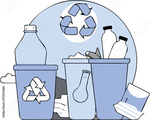 Flat Isometric Recycling Waste with Bins for Plastic, Paper, and Glass Vector Illustration