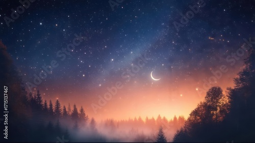 Starry night over a misty forest