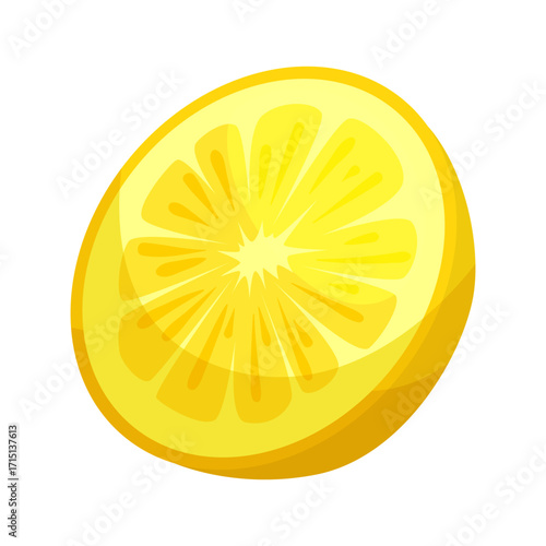 Bright yellow citrus fruit slice with detailed pulp design, flat style on white background. Concept of freshness and healthy food. Vector illustration