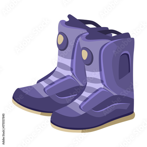 Pair of purple snowboard boots with padded design in cartoon style on white background. Concept of winter sport gear. Vector illustration