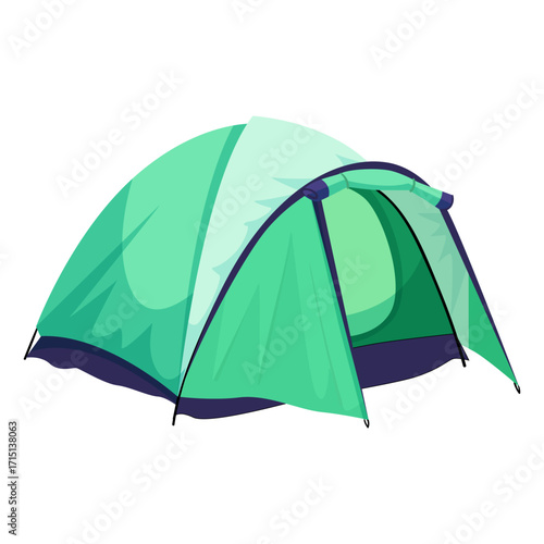 Green dome camping tent with open entrance shown in cartoon style on white background. Concept of outdoor adventure. Vector illustration