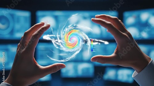 A meteorologist in a control room analyzing a holographic model of a hurricane.