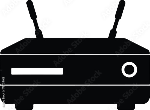 A black silhouette icon of a wireless router with two antennas representing internet connectivity and network access