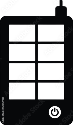 Simple black and white icon of a portable device with a grid display and power button