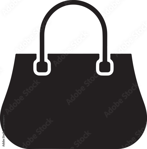 Simple black silhouette of a classic handbag with curved handles and a structured shape