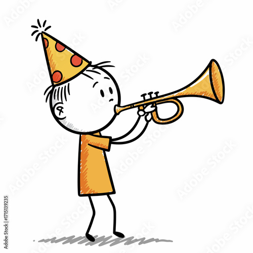 A cheerful stick figure wearing a party hat plays a golden trumpet, celebrating with a blast of sound.