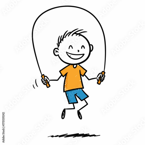 A happy cartoon boy is jumping rope outdoors, enjoying a fun activity.