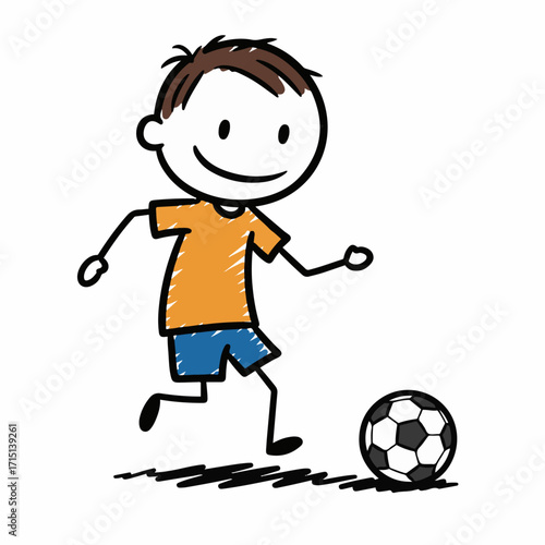 A simple, hand-drawn stick figure of a boy happily playing soccer with a ball.