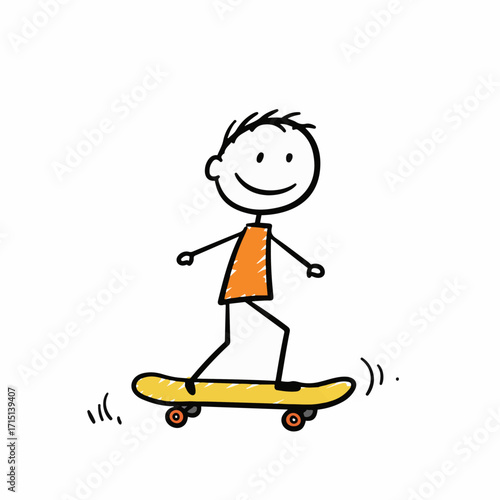 A simple stick figure character joyfully riding a yellow skateboard with orange wheels.